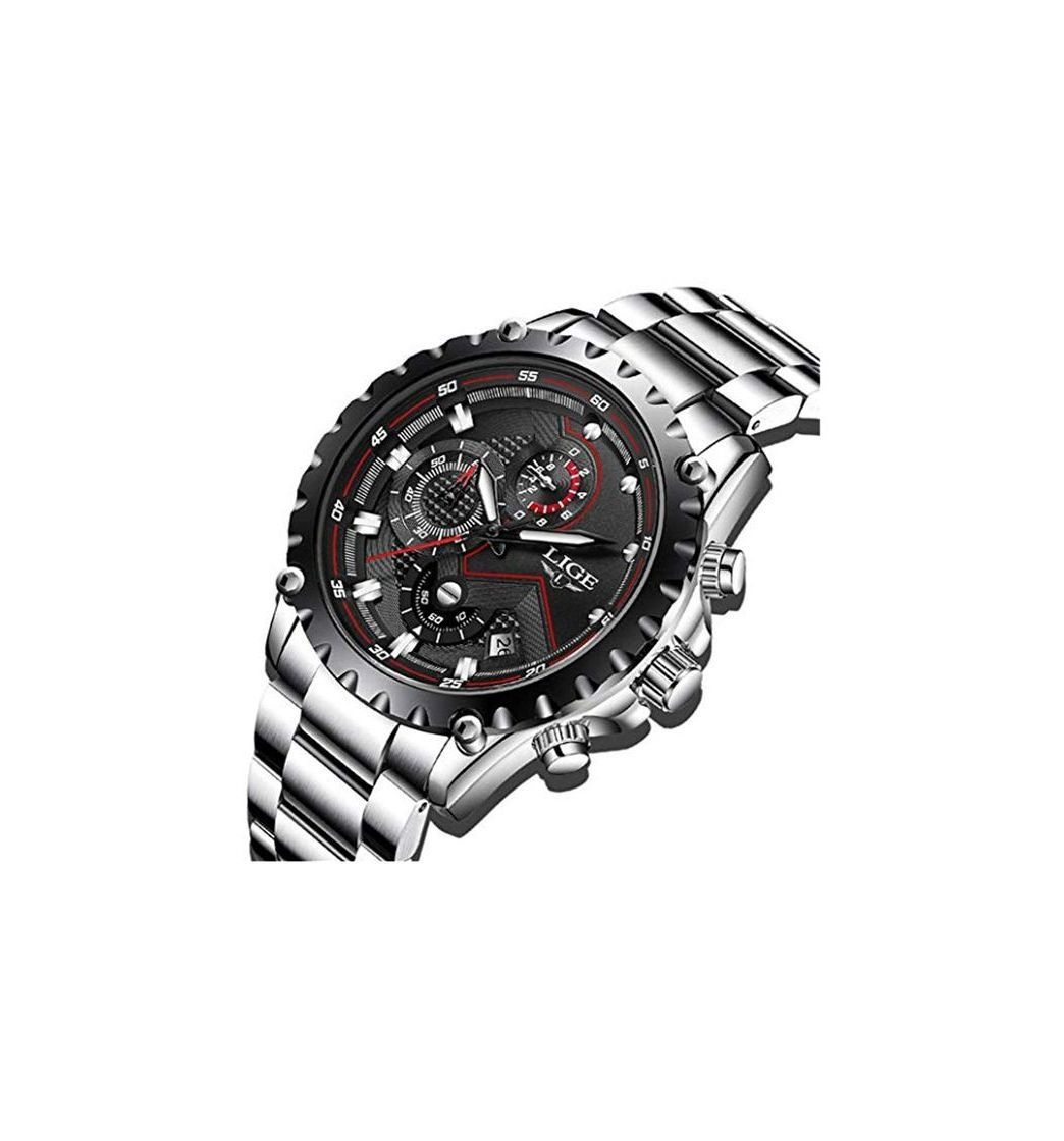 Moda LIGE Relojes para Hombre Negro Acero Inoxidable Moda Reloj Deportes Impermeable Gran