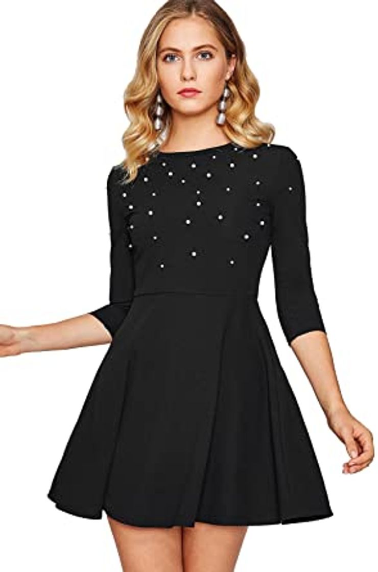 Product ROMWE Vestido a Media Pierna con Adornos en Forma de Perlas y Adornos en Perlas para Mujer Negro S