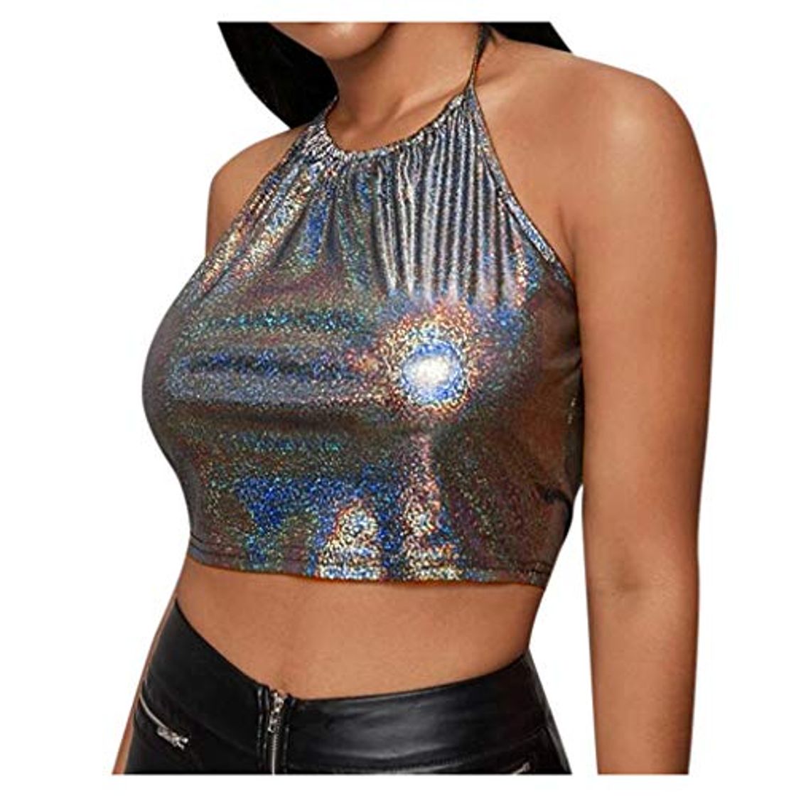 Product ALISIAM Mujeres Sexy Backless Lentejuelas metálicas Color sólido Verano Halter Crop Tops Tight Casual Vest Summer Short Shirt