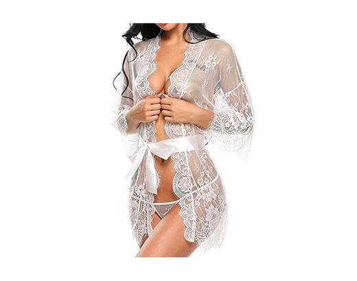 Tuopuda Mujer Bata Kimono Encaje Dormir Babydoll Camisón Malla y Tanga Conjunto y Cinturón