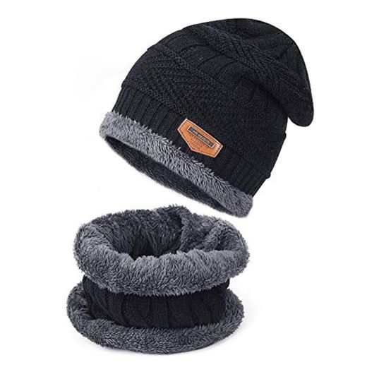 TAGVO Conjunto de Bufanda con Gorro de Invierno Beanie Sombrero Forro Interior Cálido Gorro de Punto elástico Cuello elástico Calentador Ajuste niñas Niños Adultos