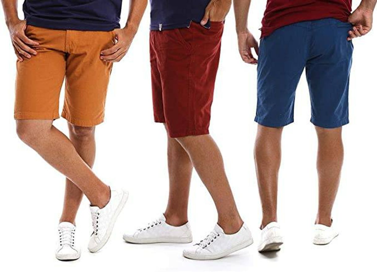 Social Kit com 3 Bermudas Masculinas Coloridas Brim e Sarja