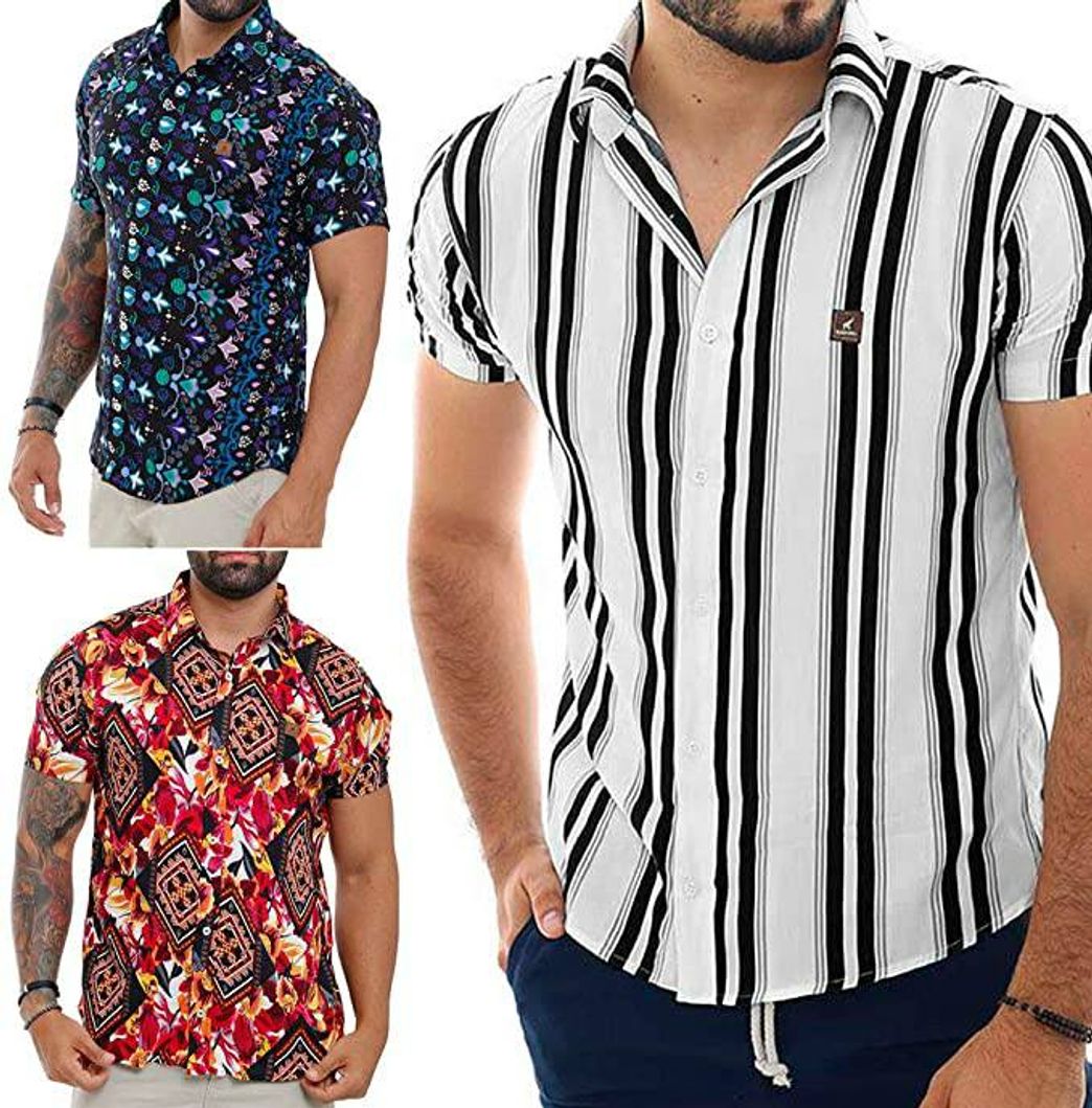 Product Kit 3 Camisas Estampadas Masculinas Moda Casual Verão 2020 