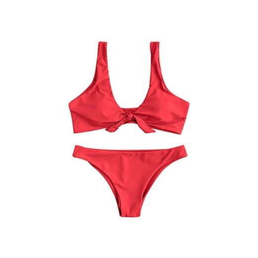 ZAFUL Bikini Set con Relleno Traje de Baño Dos Piezas con Nudo Delantero Estampado Color Liso para Mujer 2019 Verano