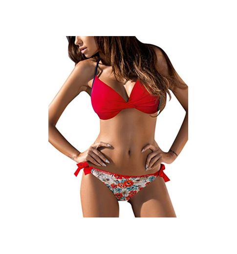 Tuopuda Mujer Multicolor Cabestro Bikini Conjuntos de Cintura Baja Ajustable Bikini Inferior Impresa Raya Playa Traje de Baño