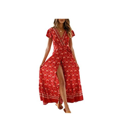 Vestido Mujer Bohemio Largo Verano Playa Fiesta Floral Manga Corta Cuello en V Talla Split Wrap Maxi Vestidos 5 XL