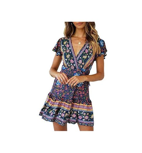 Abravo Mujer Vestido?Bohemio Corto Florales Nacional Verano Vestido Casual Magas Cortas Chic