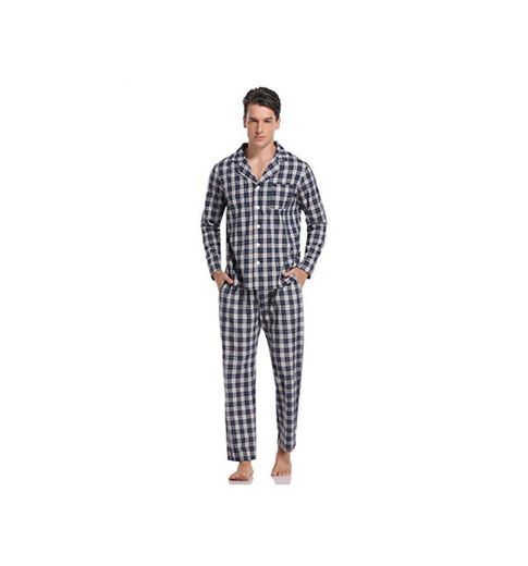 Hawiton Pijamas Hombre Invierno Algodón Pijama Manga Larga Hombres de Cuadros Pantalones Largo