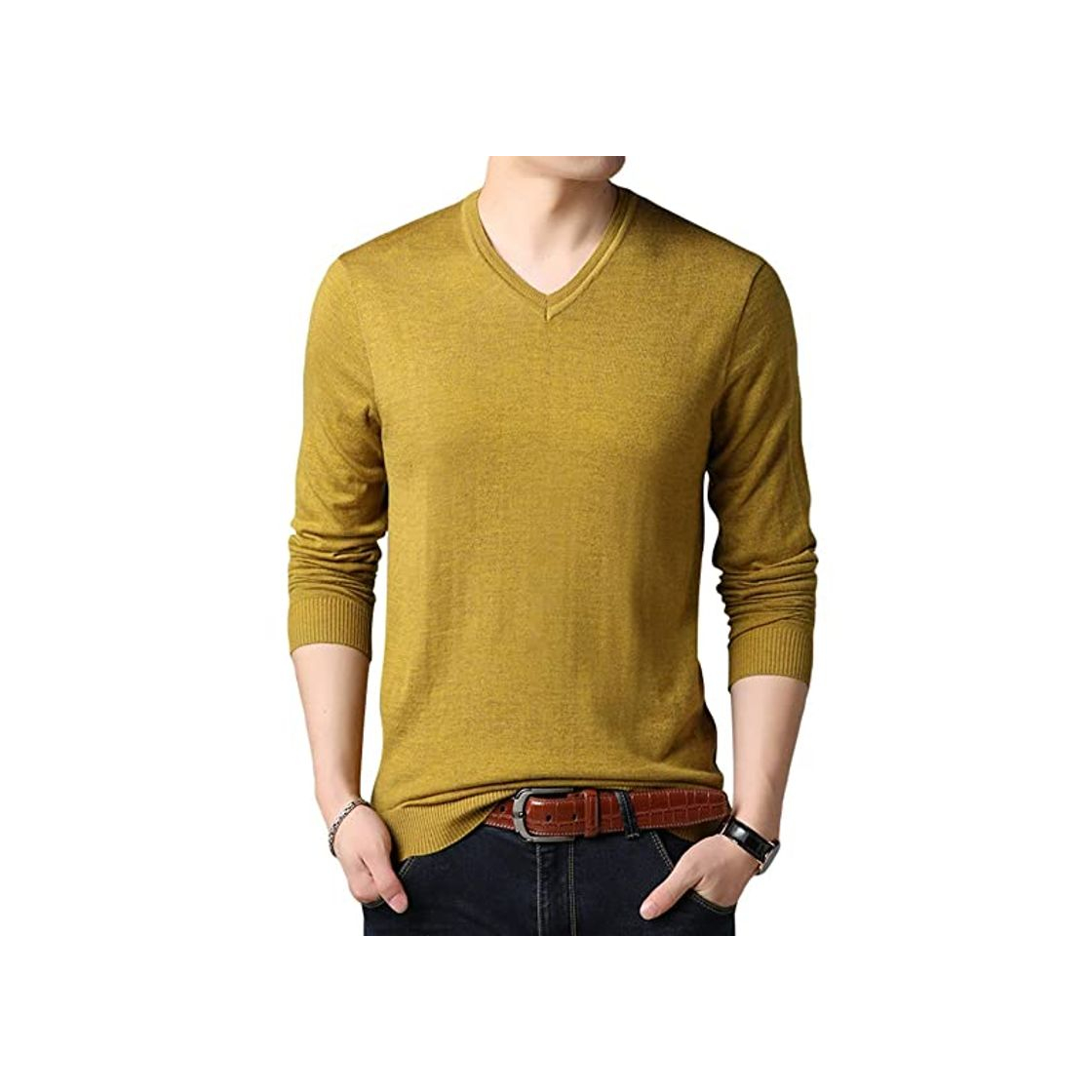 Producto Jersey de Cuello V Manga Larga Suéter de Punto Pullover para Hombre Amarillo XL