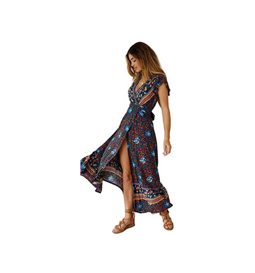 Product Mujeres Sexy Cuello En V Vestidos Bohemio Wrap Floral Impreso Vintage Estilo étnico de Alta Split Beach Maxi Vestido Marin XL