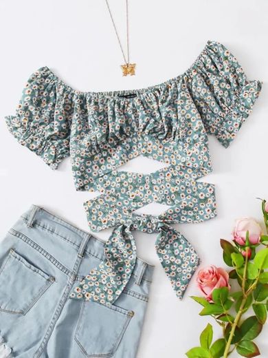Puff Sleeve Ruched Bust Knot Ditsy Floral Crop Top | SHEIN EUR