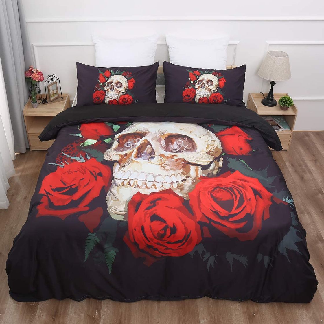 Products WONGS BEDDING Juego de Ropa de Cama con Forma de Calavera 3D Ropa de Cama para Viaje o para Morir Fundas nórdicas Microfibra hipoalergénica 3 Piezas Funda nórdica Amante con King Size 220X230 cm