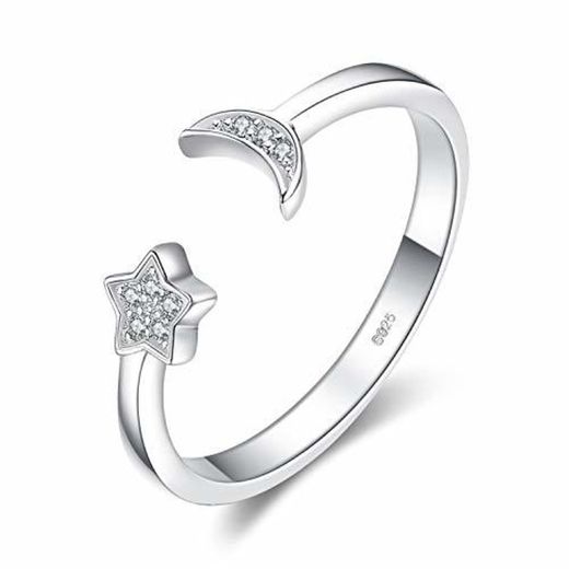JewelryPalace Luna Estrella CZ Pave Zirconia cúbica Anillo abierto ajustable Plata de