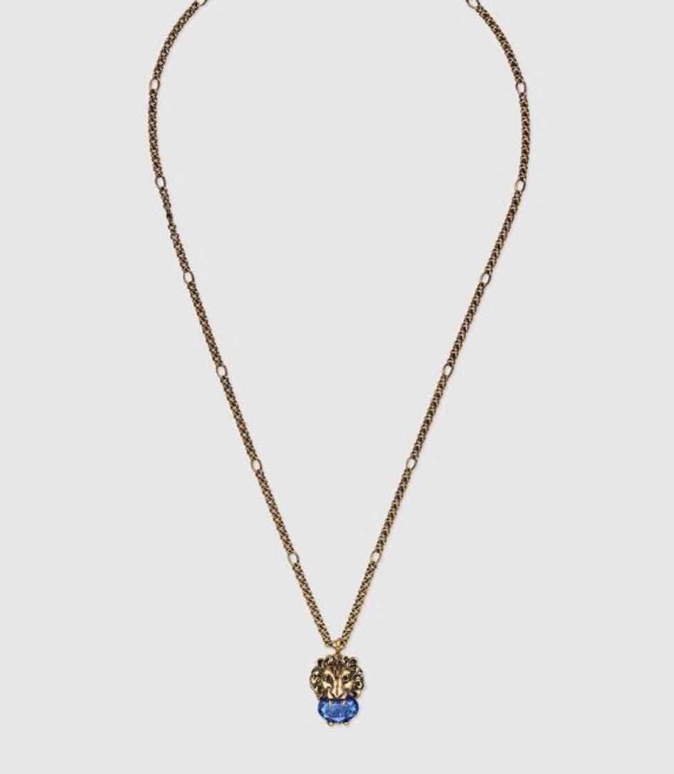 Productos Aged Gold Finish Lion Head Necklace With Blue Crystal