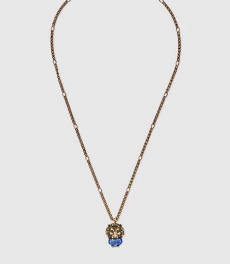 Aged Gold Finish Lion Head Necklace With Blue Crystal