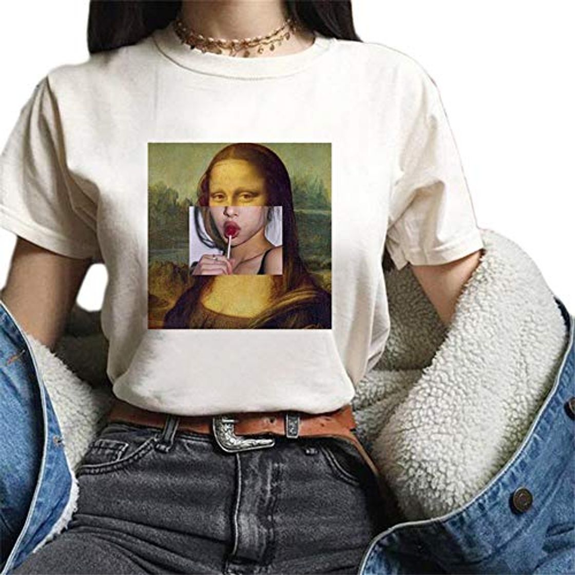 Social Mcaishen Nueva Mona Lisa Cartoon Fun Fashion Print T-Shirt Spoof Pintura Al
