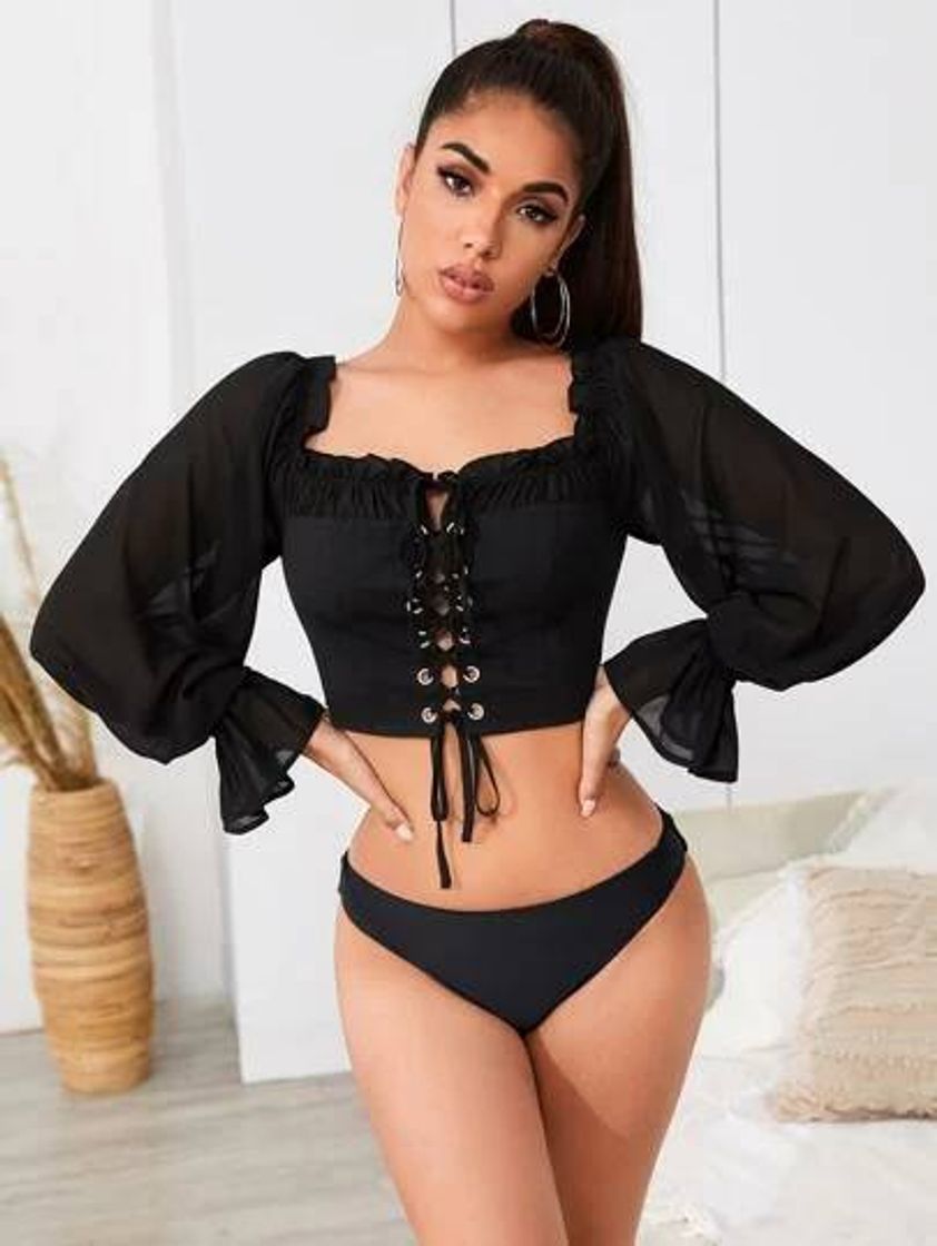 Moda Frill Trim Tie Neck Grommet Eyelet Lace Up Front Crop Blouse - Shein