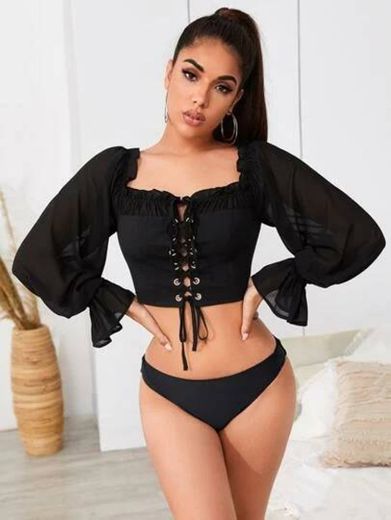 Frill Trim Tie Neck Grommet Eyelet Lace Up Front Crop Blouse - Shein