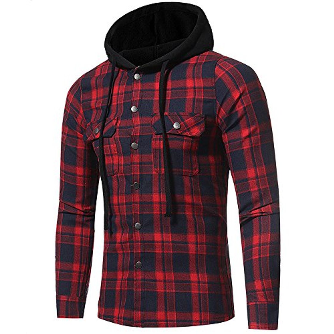 Social riou Botón Camisa de Manga Larga con Capucha y Cuadros de Otoño Invierno Casual Chaqueta Ropa Tops