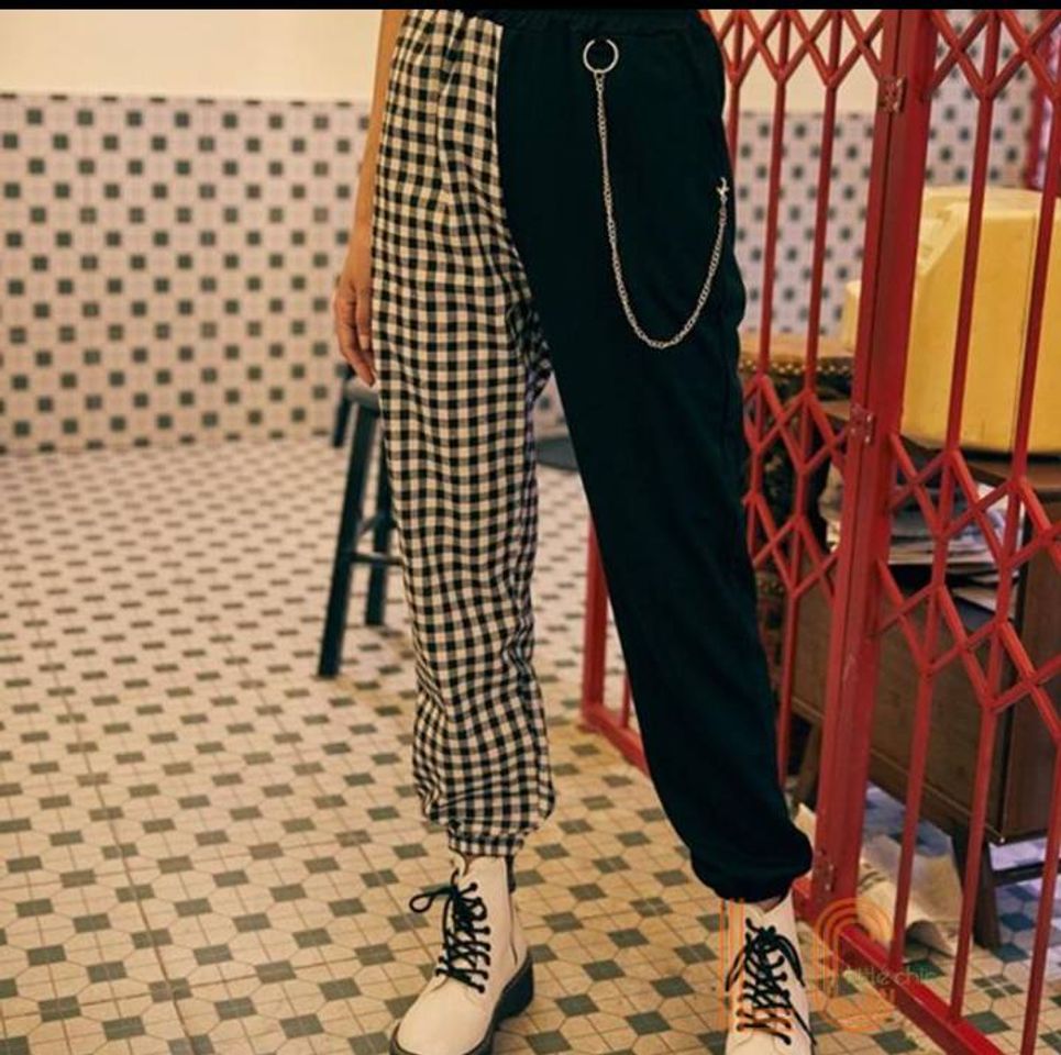 Social Calça feminina casual xadrez cintura alta com corrente larga