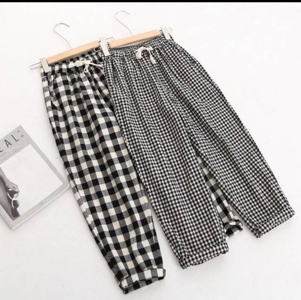 Social Calça casual feminina solta xadrez com cadarço 