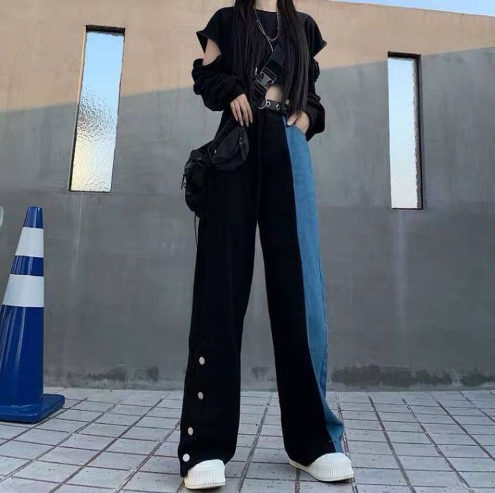 Social Calça jeans feminina estilo Harajuku cintura alta corte reto