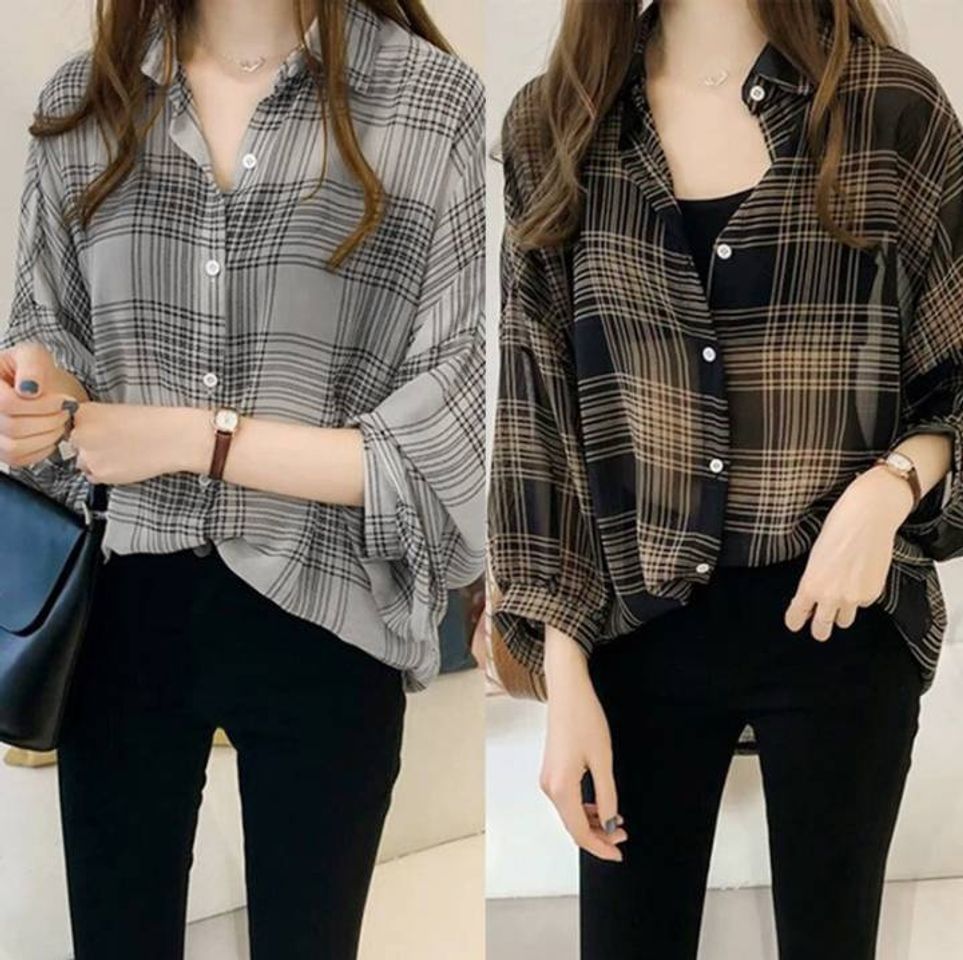 Social Blusa de manga comprida xadrez casual 