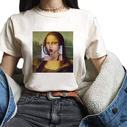 Mcaishen Nueva Mona Lisa Cartoon Fun Fashion Print T-Shirt Spoof Pintura Al