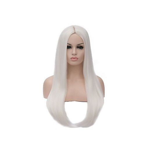 AMYHOME Disfraz Peluca de Pelo Largo Liso sin Flequillo para Fiesta Cosplay Peluca Blanca Sintético resistante de Calor