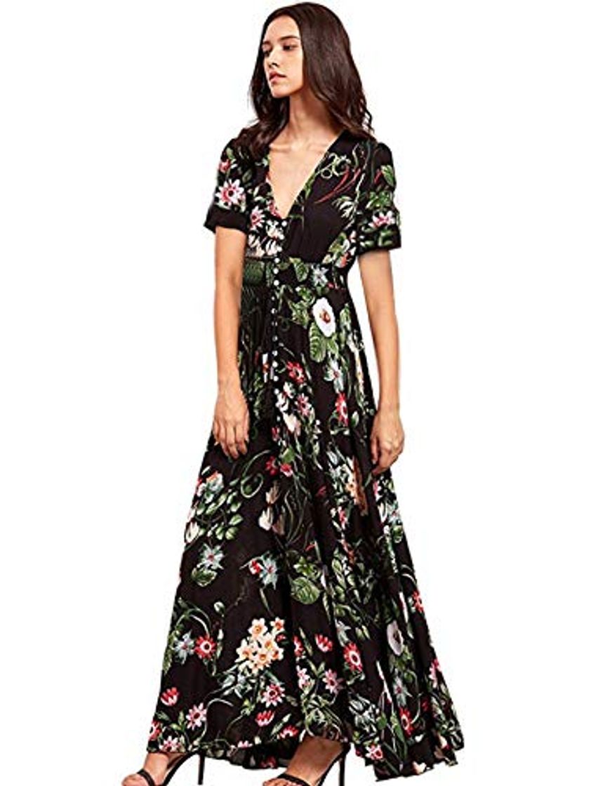 Place Vestido Largo Floral Maxi de Verano Manga Corta para Mujer Sexy Cuello