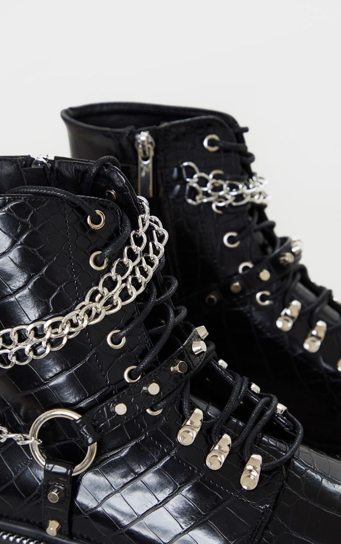 Fashion Black Chain Hiker Lace Up Ankle Boot