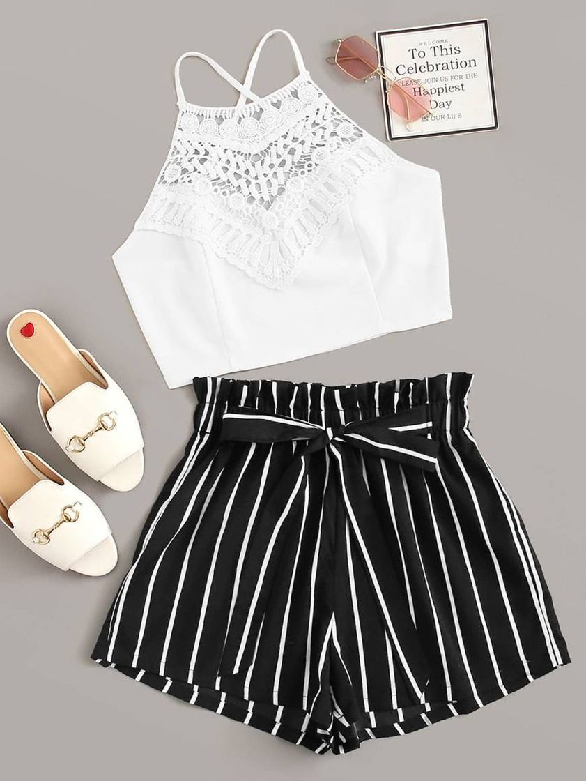 Fashion Conjunto top con tiras cruzadas con short de cintura