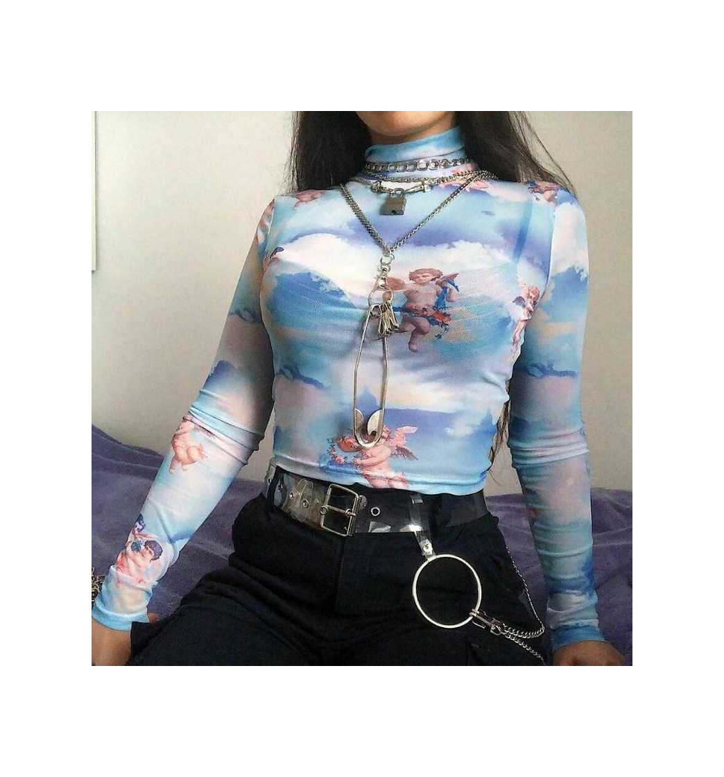 Products TENDYCOCO Mujeres de ángel Ver a través de la Camiseta Sexy Mesh Crop Tops Manga Larga Sheer Summer Tops