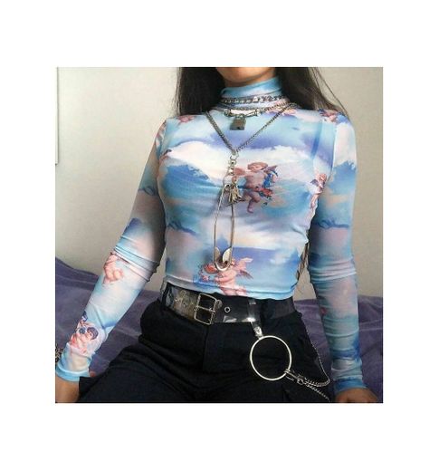 TENDYCOCO Mujeres de ángel Ver a través de la Camiseta Sexy Mesh Crop Tops Manga Larga Sheer Summer Tops