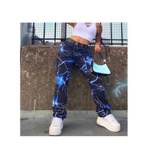 Puffie Lightening Print Straight-Cut Pants