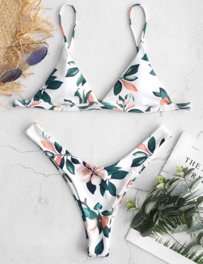 ZAFUL Leaf Print High Leg Bikini Set