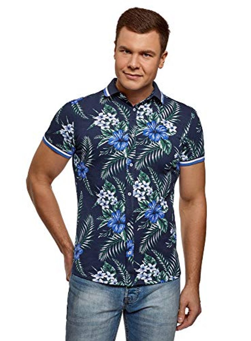 Product oodji Ultra Hombre Camisa Estampada de Manga Corta, Azul, сm 38