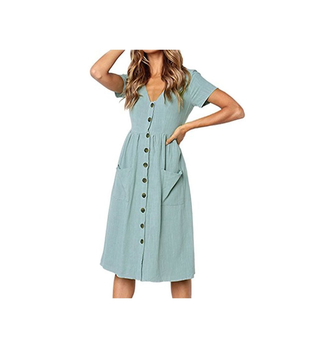 Producto Mujeres Midi Verano Casual Vestido con Bolsillos Y Botones Fecha Desgaste Azul