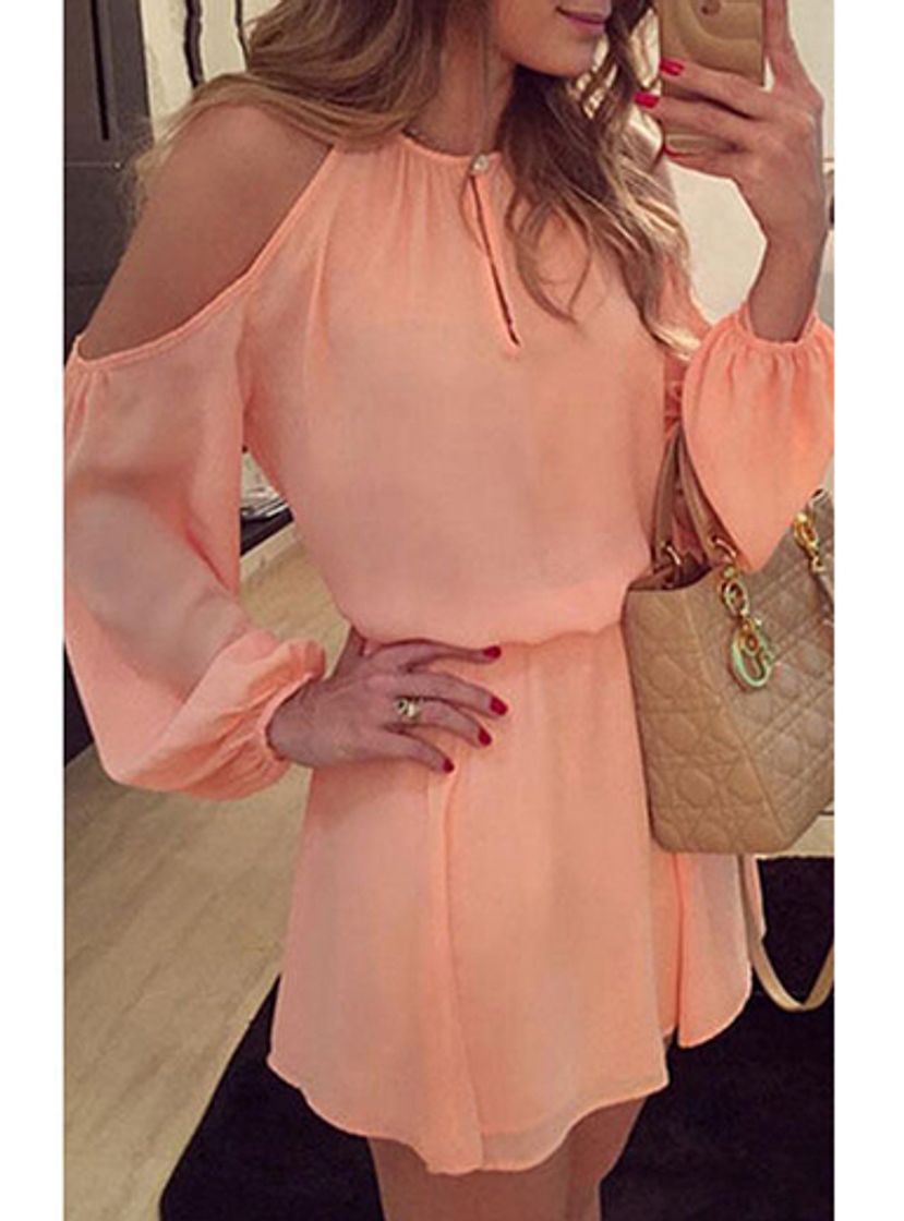 Casual Chiffon Mini Dress - Cold Shoulder / Coral