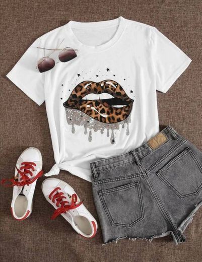 Camisetas Leopardo Blanco Casual