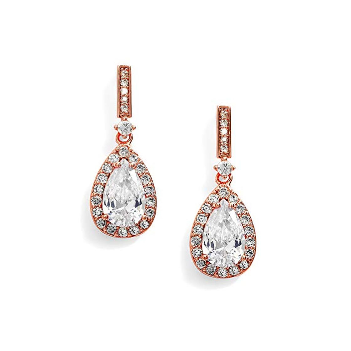 Moda Mariell 14K Rose Gold Cubic Zirconia Bridal Earrings with Pear Shape Drops