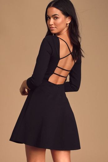 Don't Stop the Beat Black Backless Skater Dress