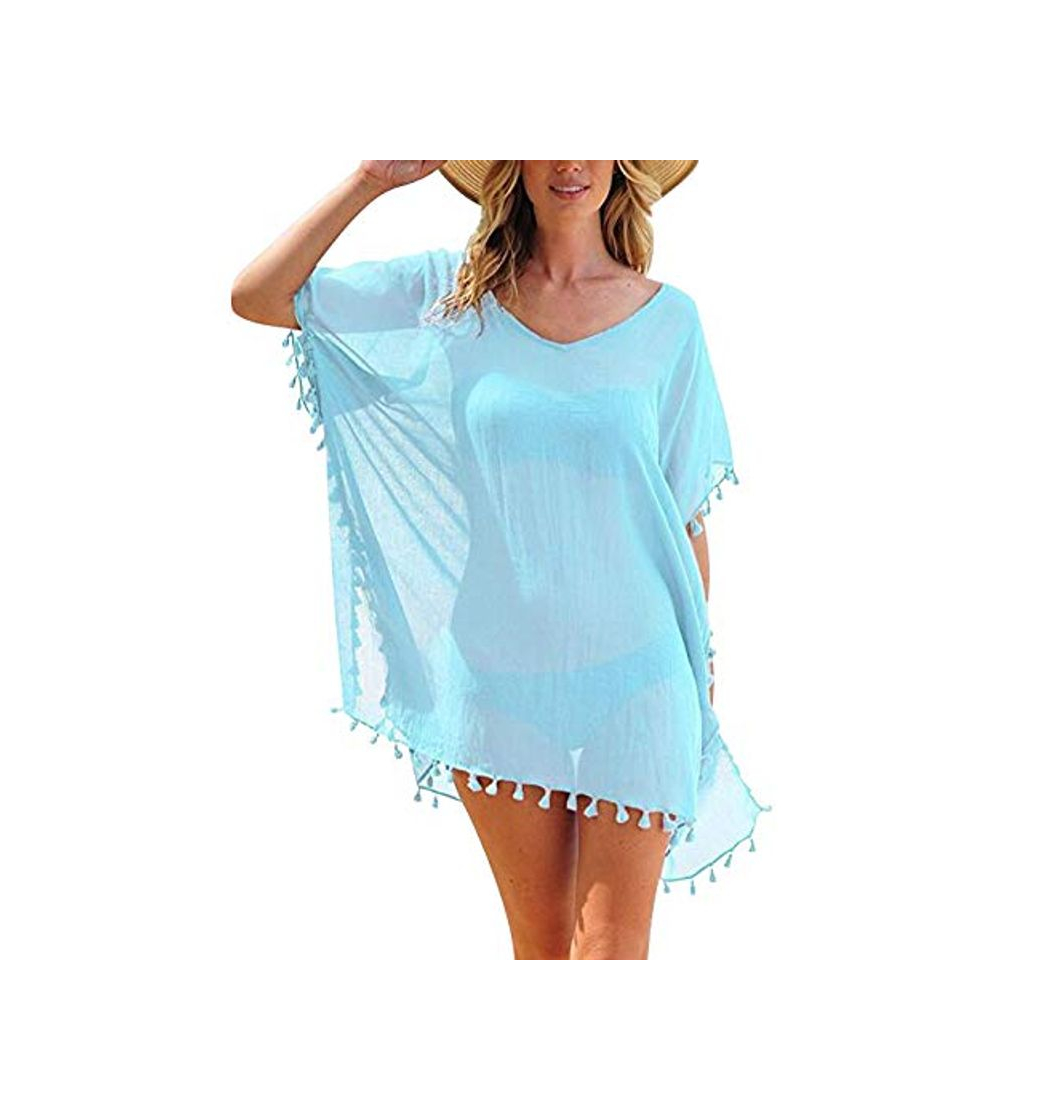 Social Vestidos de Playa Pareos Playeros Cuello V Boho Vestido Playa Mujer Kaftan Camisolas Caftanes Bluson Tunica Blusas Playa Piscina Playero Ropa de Playa Bikini Cover Up Tunicas Playera Camisola Azul