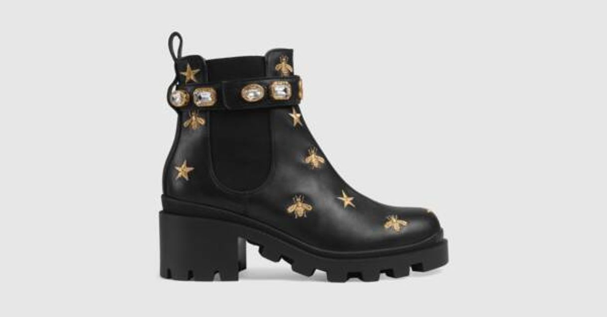 Moda Black Leather Embroidered Ankle Boot With Belt | GUCCI® US