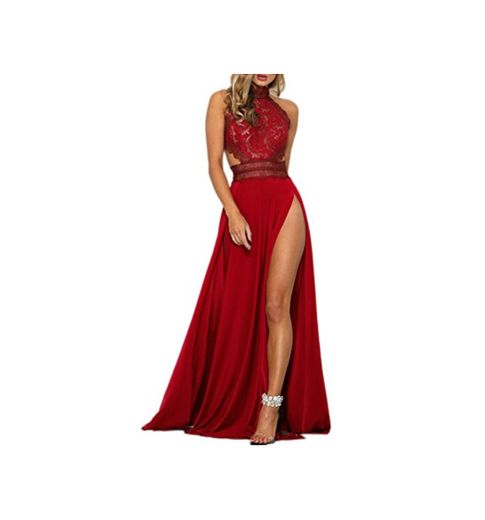 Mujer Maxi Vestido Sexy Sin Mangas Cabestro Backless División Cordón Sólido Fiesta Paseo Vestidos Rojo S