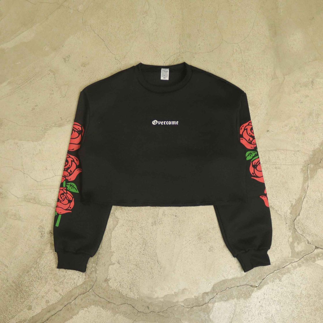 Fashion Moletom Cropped Overcome Careca "Script Roses" Preto 