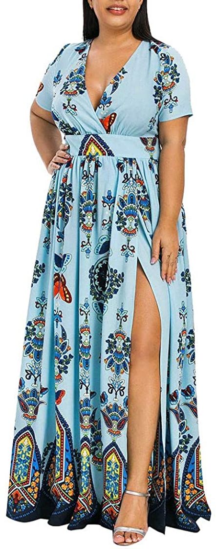 Social Vestido Mujer Bohemio Largo Verano Playa Fiesta Floral Manga Corta Cuello en V Talla Split Wrap Maxi Vestidos 5 XL