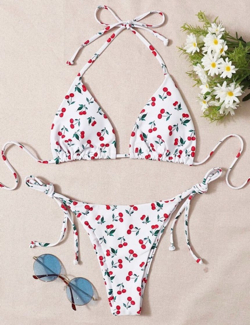 Moda Cherry Print Self-Tie Bikini Swimsuit 