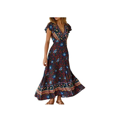 Vestido Mujer Bohemio Largo Verano Playa Fiesta Floral Manga Corta Cuello en