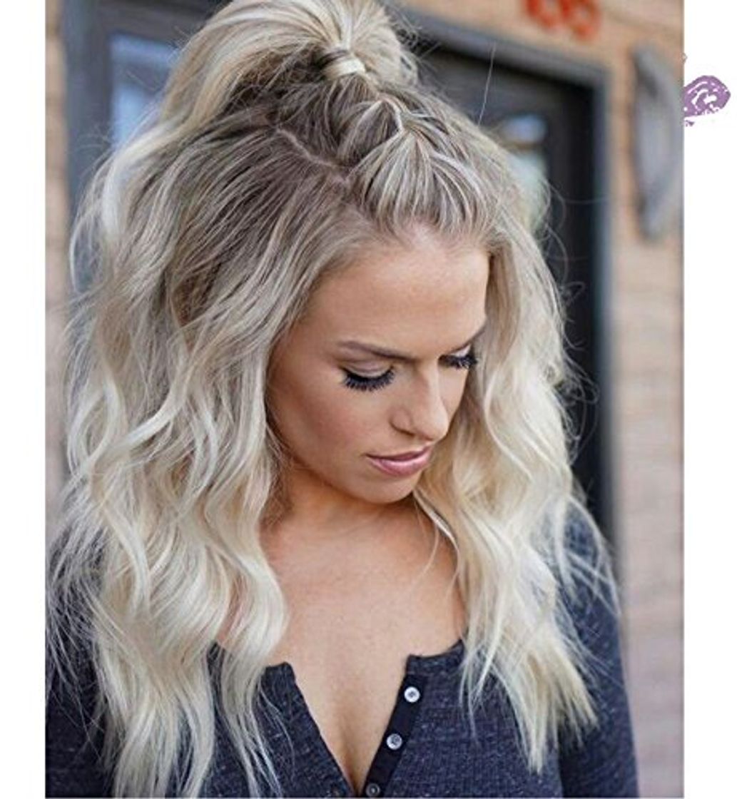 Place VEBONNY White Blonde Synthetic Hair Wigs with Brown Roots Blonde Lace Front